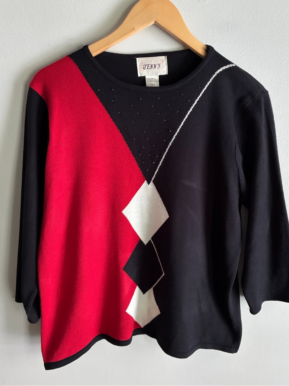 Vintage 80s 90s Jenny Colorblock Sweater Rhinestone Geometric Black Red L